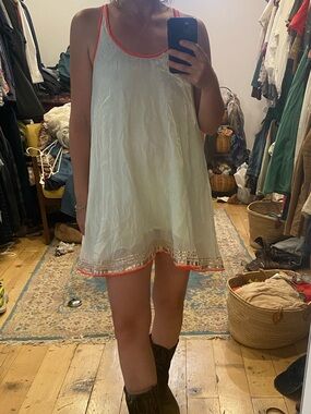 Free People small Light Mint Slip swing Dress tunic Coral metallic gold Trim